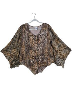 VTG Edward Womens Y2K 100% Silk Animal Print Fairy Boho Flare Bell Sleeve Top XL